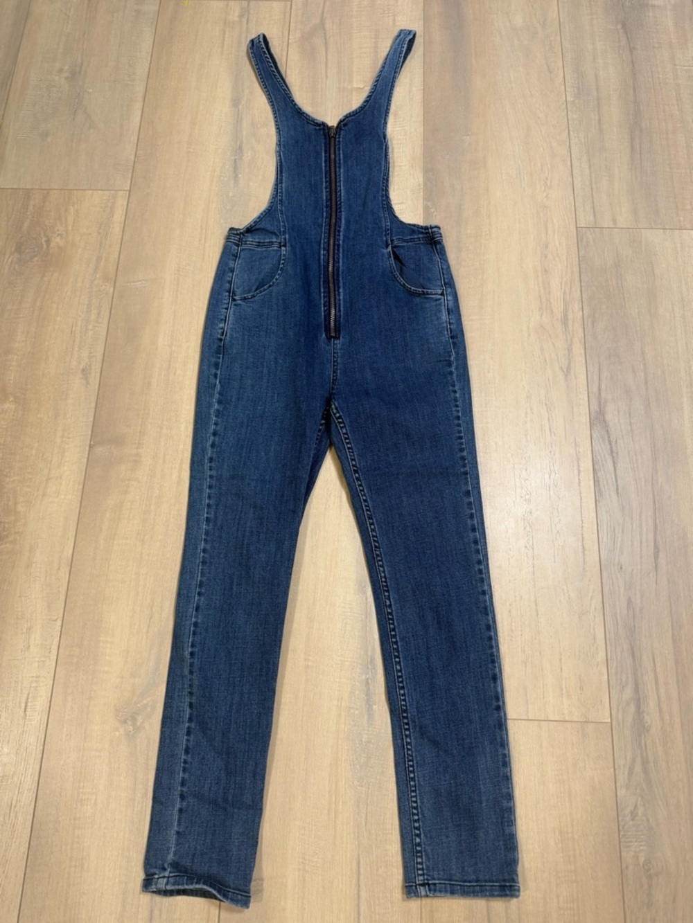 Free People Dark Blue Denim Zip-Front Jumpsuit